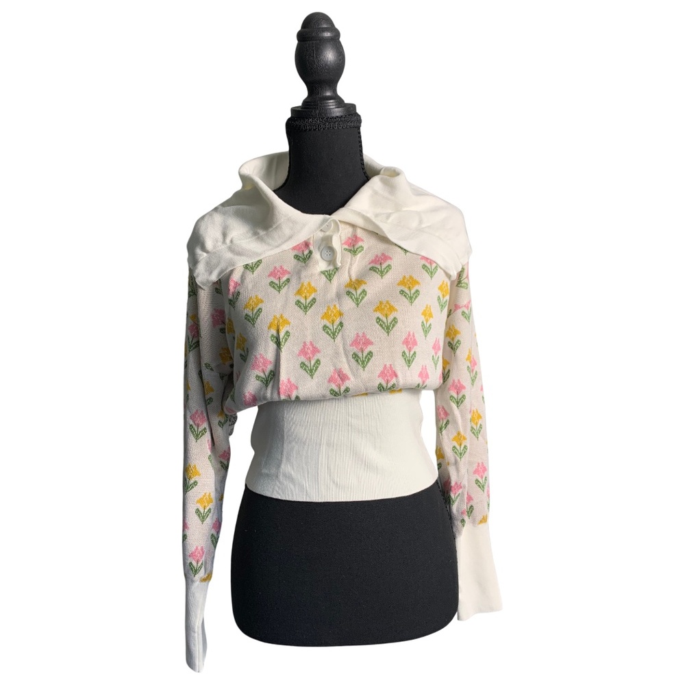 Dazy Floral Cropped Sweater Sailor Collar Spring Women L Coquette Feminine